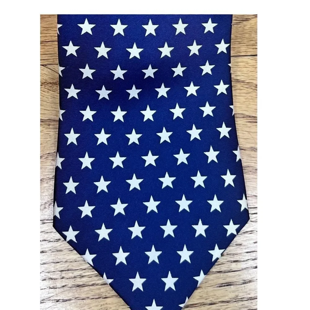 Milano Printed 100% Silk Neck Tie Navy Blue White Stars Patriotic USA America
